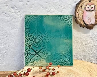 Decorative tile Floral print flower Craquele ceramic // Ceramic tile floral // Decorative tile ceramic // Decorative coaster sea blue turquoise