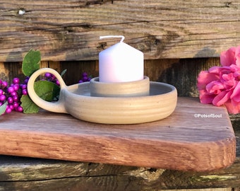 Matt ceramic candle holder for tealight or small pillar candle, tealight holder with handle / 1900s style tealight candle holder, hand-thrown