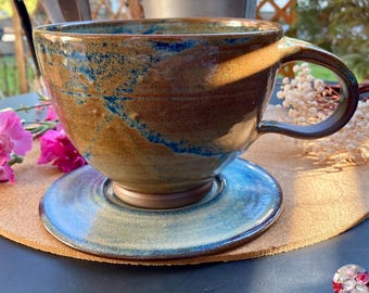 Set da tè XXL 950 ml Tazza in ceramica Effetto tazza da tè Piattino Jumbo Cappuccino Tazza extra large Tazza da caffè Tazza da caffè in ceramica Fatta a mano