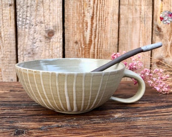 Wide tea cup stripes ceramic beige white dots design // tea cup ceramic cup Pots of Soul design beige white stripes Mom Mother's Day