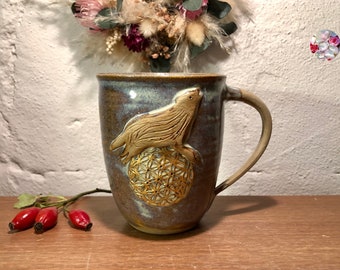 Wolfstasse Blume des Lebens gold energetisisiert EM + Heilige Asche // Keramiktasse Wolf Keramik Tasse von PotsofSoul Design