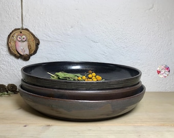 1 Ceramic Pasta Bowl // Deep Pasta Plate Ceramic // Shallow Soup Plate // Ceramic Bowl Black Spiral Handmade PotsofSoul Design