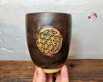 Flower of Life Gold 450 ml Holy Ash & EM Ceramic Mug Energized Flower of Life / Seeds of Life Ceramic Mug Beige Black