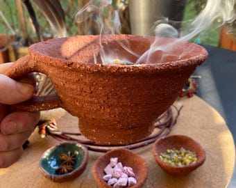 Ciotola per incenso con manico, ceramica, gres, argilla/gres, purificazione della casa, incenso, erbe, ciotola per purificazione rituale/incenso, rossa