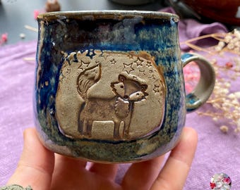 Tazza in ceramica Volpe Magica e Stelle // Tazza in ceramica Animali del Bosco Cielo Notturno // Magia della Foresta Cielo Stellato Fatto a mano PotsofSoul Effetto Blu