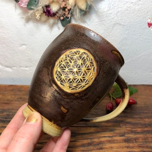 Golden Large Flower of Life Holy Ash EM Ceramic Cup Brown Black Flower of Life Ceramic Mug Cup Hand Turned PotsofSoul Design image 2