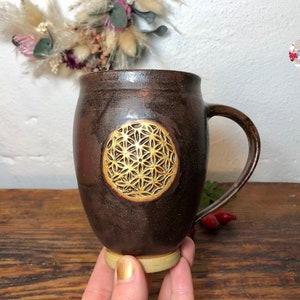 Golden Large Flower of Life Holy Ash EM Ceramic Cup Brown Black Flower of Life Ceramic Mug Cup Hand Turned PotsofSoul Design image 8