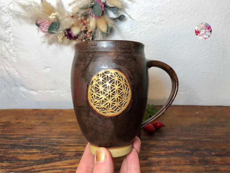 Golden Large Flower of Life Holy Ash EM Ceramic Cup Brown Black Flower of Life Ceramic Mug Cup Hand Turned PotsofSoul Design image 8