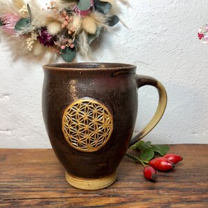 Golden Large Flower of Life Holy Ash EM Ceramic Cup Brown Black Flower of Life Ceramic Mug Cup Hand Turned PotsofSoul Design image 3