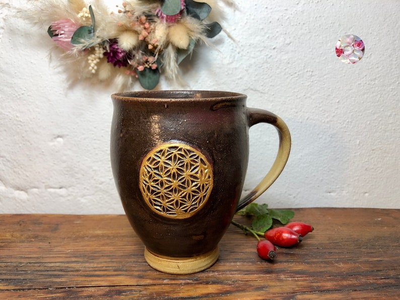 Golden Large Flower of Life Holy Ash EM Ceramic Cup Brown Black Flower of Life Ceramic Mug Cup Hand Turned PotsofSoul Design image 3