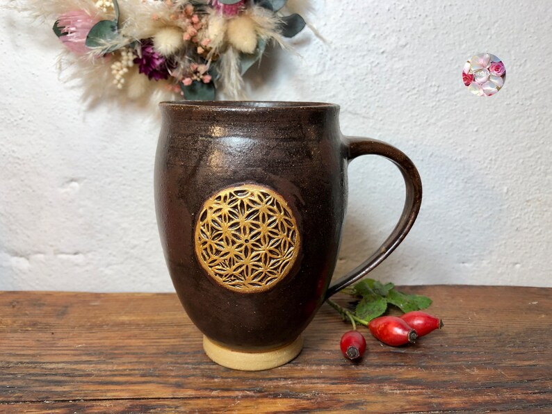 Golden Large Flower of Life Holy Ash EM Ceramic Cup Brown Black Flower of Life Ceramic Mug Cup Hand Turned PotsofSoul Design image 7