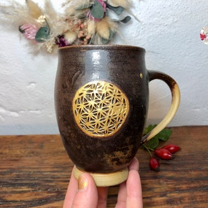 Golden Large Flower of Life Holy Ash EM Ceramic Cup Brown Black Flower of Life Ceramic Mug Cup Hand Turned PotsofSoul Design image 6