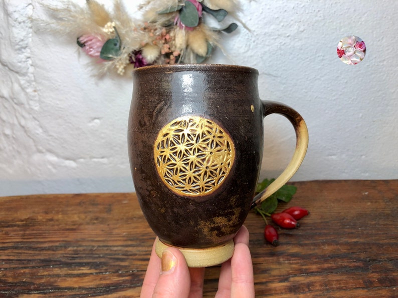 Golden Large Flower of Life Holy Ash EM Ceramic Cup Brown Black Flower of Life Ceramic Mug Cup Hand Turned PotsofSoul Design image 6