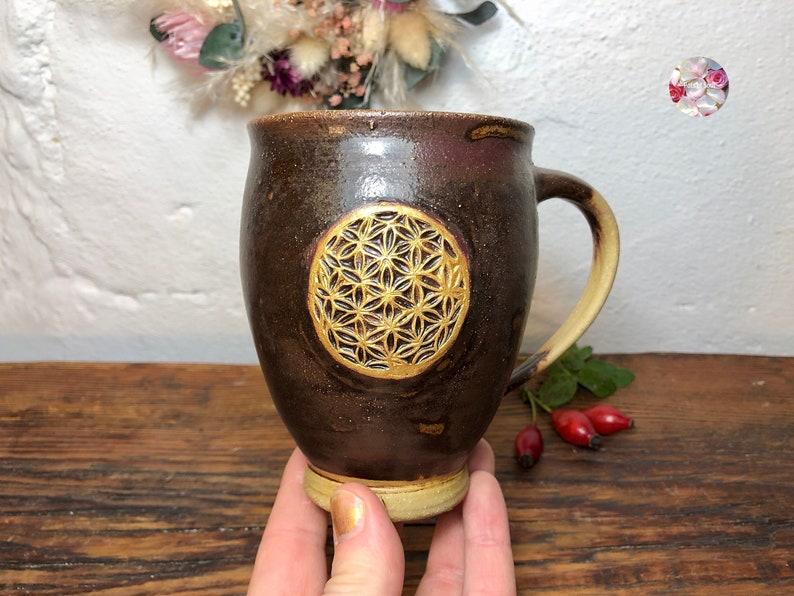 Golden Large Flower of Life Holy Ash EM Ceramic Cup Brown Black Flower of Life Ceramic Mug Cup Hand Turned PotsofSoul Design image 1