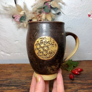 Golden Large Flower of Life Holy Ash EM Ceramic Cup Brown Black Flower of Life Ceramic Mug Cup Hand Turned PotsofSoul Design image 5