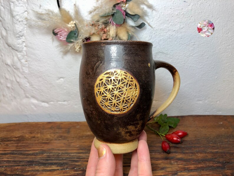 Golden Large Flower of Life Holy Ash EM Ceramic Cup Brown Black Flower of Life Ceramic Mug Cup Hand Turned PotsofSoul Design image 5