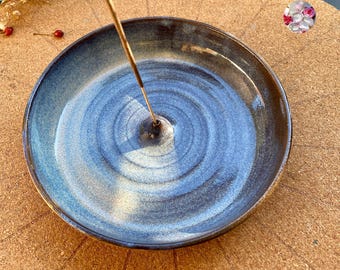 Porta incenso originale in gres, effetto pietra, vaschetta raccogli gocce in ceramica blu, incenso, meditazione, porta incenso yogi, fatto a mano