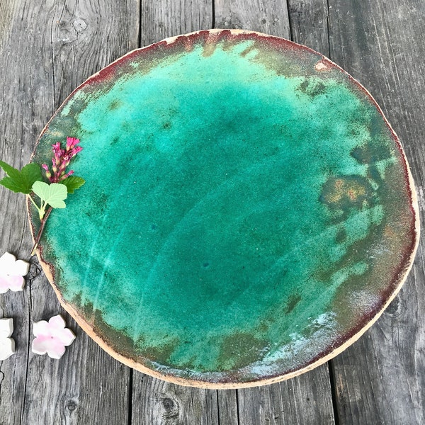 Extra grand plat XXL turquoise vert mer design lagon bol d'eau bain d'oiseaux céramique grès décoration / miroir naturel bain d'oiseaux bain d'oiseaux sable