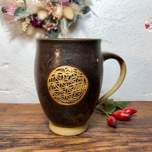 Golden Large Flower of Life Holy Ash EM Ceramic Cup Brown Black Flower of Life Ceramic Mug Cup Hand Turned PotsofSoul Design image 4