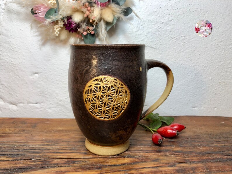 Golden Large Flower of Life Holy Ash EM Ceramic Cup Brown Black Flower of Life Ceramic Mug Cup Hand Turned PotsofSoul Design image 4