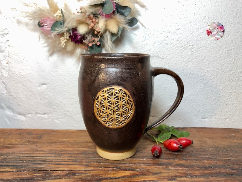 Golden Large Flower of Life Holy Ash EM Ceramic Cup Brown Black Flower of Life Ceramic Mug Cup Hand Turned PotsofSoul Design image 10