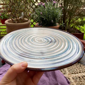 Könnte beinhalten: Ein Keramikteller mit einem Spiralmuster in Weiß-, Blau- und Brauntönen. Der Teller hat einen dunkelbraunen Rand. Der Teller wird über einem lila Tuch gehalten. Der Teller wird wahrscheinlich zum Servieren von Speisen verwendet.