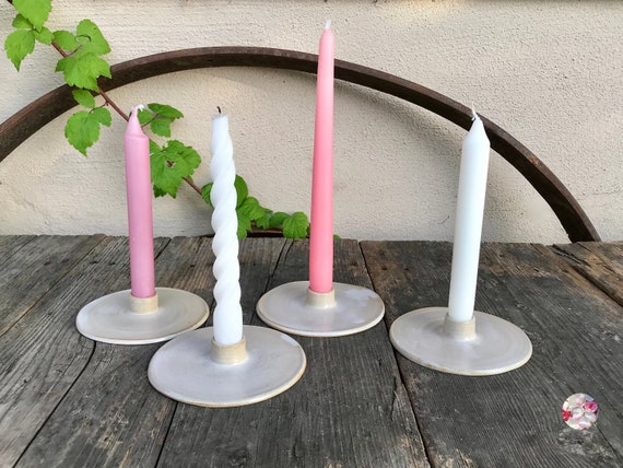 1 Flat Candle Holder Minimal // Ceramic Candlestick With Stick Candle //  Candlestick Advent Handmade Beige White 1 Pots of Soul Candle 
