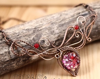 Statement necklace, trendy necklace, floral necklace, pink necklace, copper wire wrapped necklace, Boho necklace