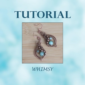 May include: A pair of copper wire earrings with turquoise and copper beads. The earrings are in the shape of a teardrop and have a delicate, whimsical design. The earrings are labeled "WHIMSY" in the image.