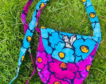 Bright Floral handbag in pink and blue, small ‘Missy’ colourful fabric bag, quilted look handbag