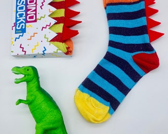 Kids fun dinosaur socks, kids personalised socks, colourful dinosaur socks, kids stripe socks, Kids socks gift, kids valentines gift