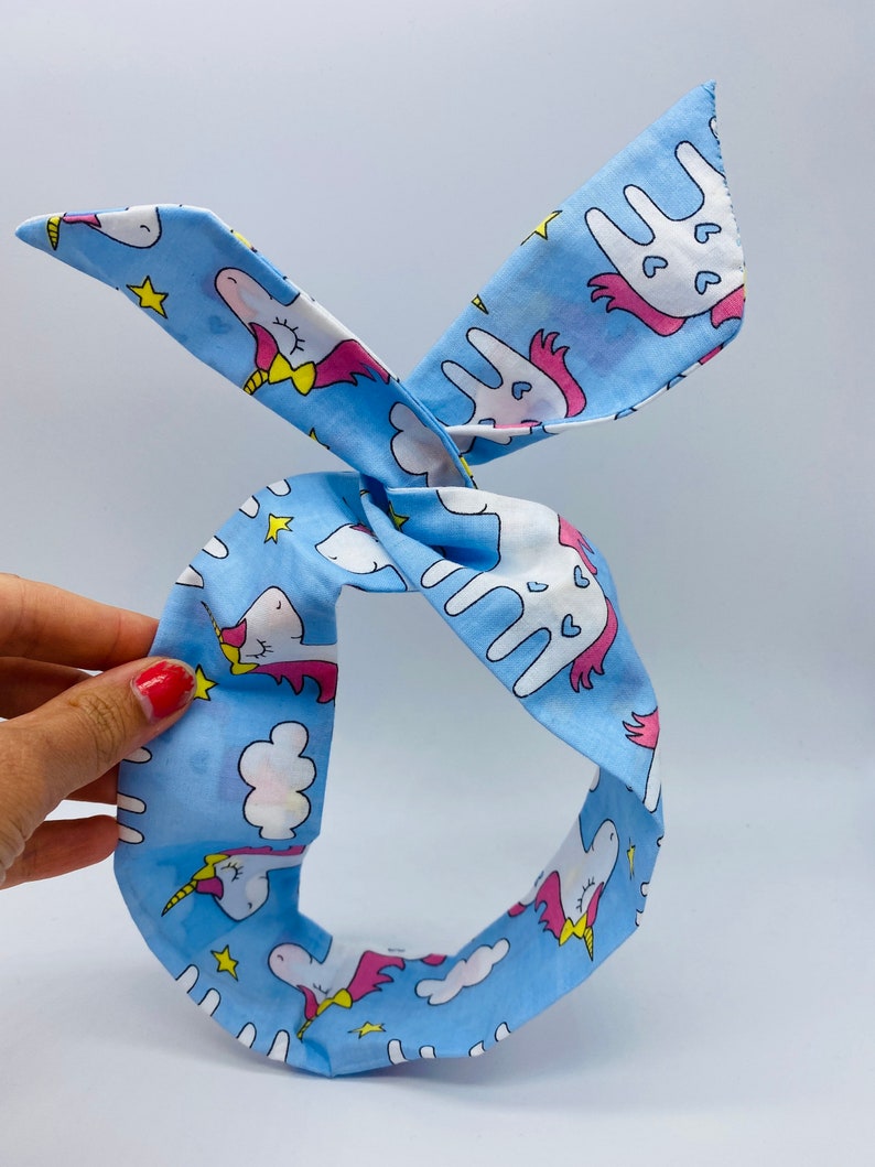 Blue with pastel unicorn print wire headband hair wrap Blue with pastel unicorn print wire headband hair wrap