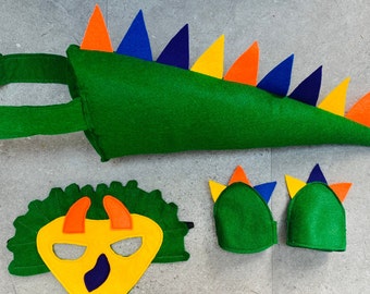 Kids dinosaur tail and mask play sets, kids dinosaur felt outfit, kids dinosaur fancy dress, kids triceratops costume, world book day