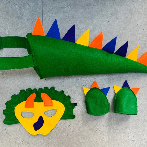 Kids dinosaur tail and mask play sets, kids dinosaur felt outfit, kids dinosaur fancy dress, kids triceratops costume, world book day