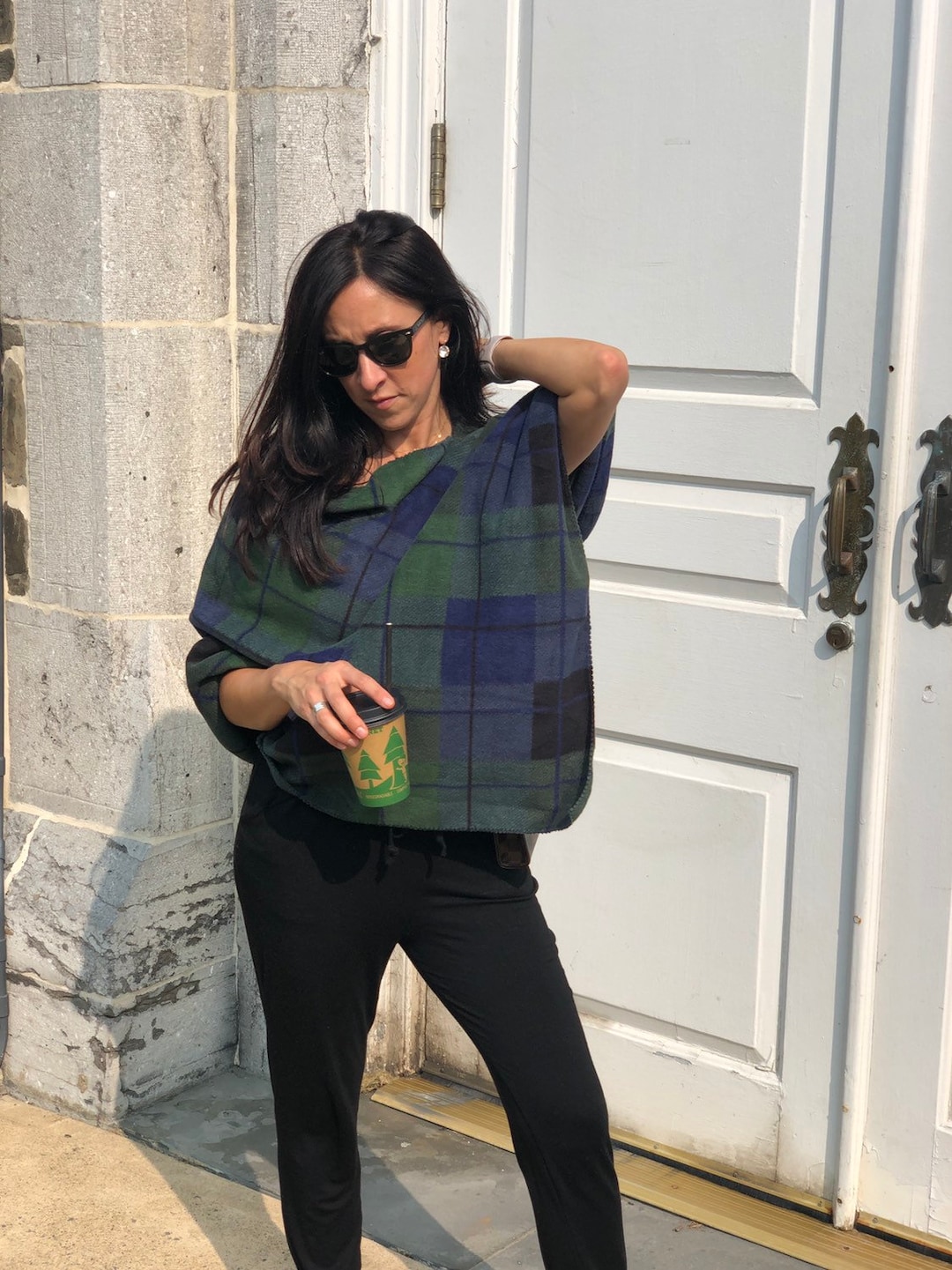 Blue Green Poncho Plaid Christmas Outfit Fleece Teacher Gift the