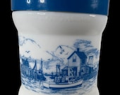 Vintage Milk Glass Tobacco Canister Jar with Blue Plastic Lid.
