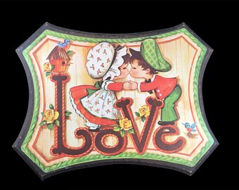 Vintage Homco Love Wall Hanging Wooden Girl And Boy Kissing
