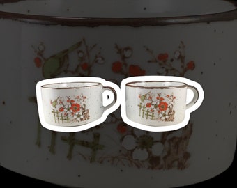 Vintage Stoneware Soup Mugs Set Of 2 Made In Japan Flowers Bird Cute!!