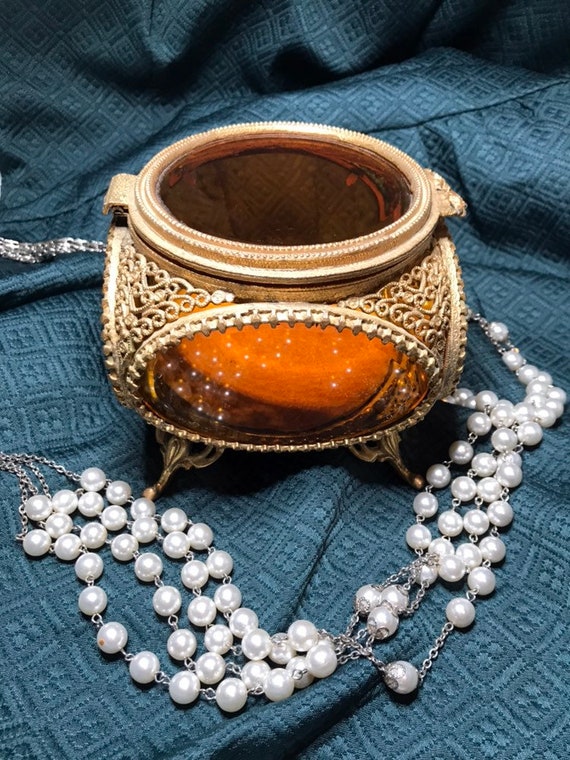 Vintage Amber Ormolu French Style Jewelry Box Jewe
