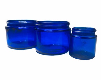Lot Of 3 Vintage Cobalt Blue Glass Noxzema Jars Bottles.