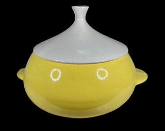 Vintage MCM California Pottery Yellow Lidded Handled Dish.