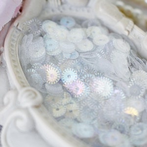 Può includere: Un vassoio decorativo bianco e ornato, pieno di paillettes circolari iridescenti. Il vassoio ha un design scolpito e dettagliato. Un tessuto rosa e una fila di perle lo oscurano parzialmente.