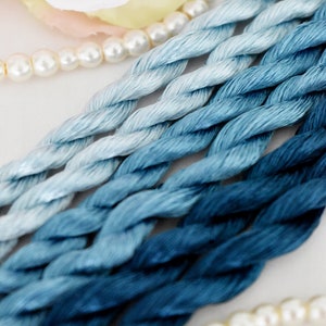 Può includere: Un set di sei matasse di filo da ricamo in tonalità di blu, che vanno dal chiaro allo scuro. Il filo è disposto a treccia, con la tonalità più chiara in alto e la tonalità più scura in basso.