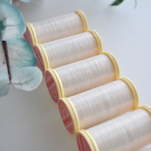 May include: A close-up of several spools of white thread arranged diagonally. The spools have yellow rims and pink labels. The background is white with soft floral accents in pink and blue.