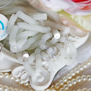 Può includere: Primo piano di una composizione decorativa con abbellimenti bianchi arrotolati, forse per l'artigianato o l'abbigliamento da sposa. Un fiore rosa e bianco e fili di perle finte si aggiungono all'estetica delicata. L'immagine include un'etichetta con la parola "Papis".