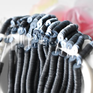 May include: A close-up of a spool of black and silver sequins. The sequins are arranged in rows and are ready to be used for sewing or crafting.