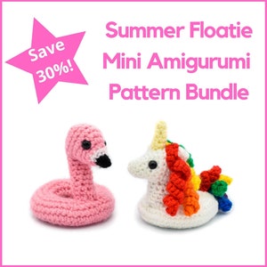 Puede incluir: Un paquete de patrones de crochet para hacer mini flotadores amigurumi de verano. El paquete incluye patrones para un flamenco rosa y un unicornio arcoíris. ¡Ahorra un 30%!