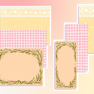 May include: Four printable digital paper designs with a pink and white gingham pattern, a yellow and white floral pattern, a white lace pattern, and a floral frame with a peach background.
