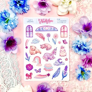 Foglio di adesivi Soft Dreams / Unicorno assonnato, coniglietto, gatto e cane
