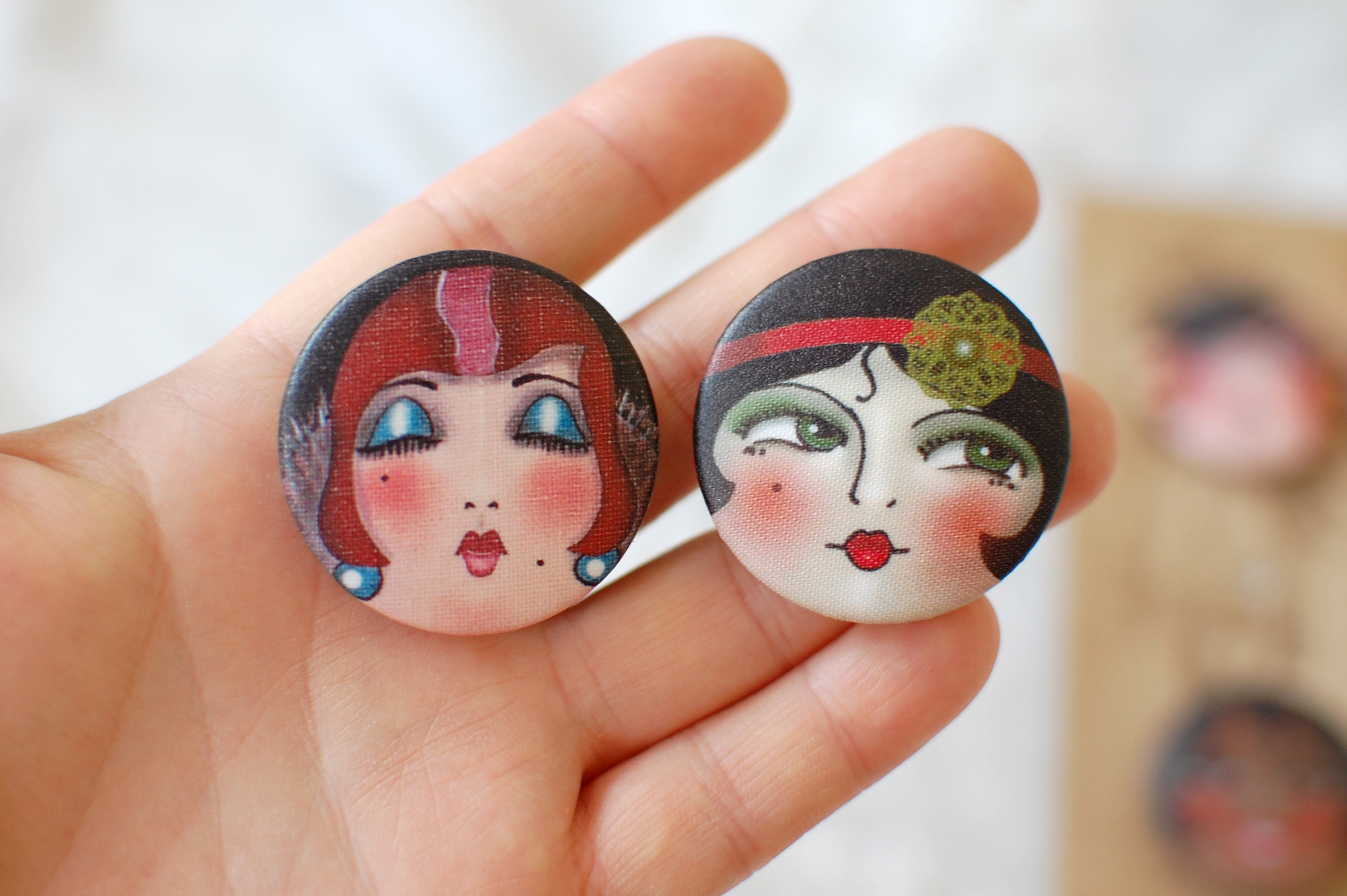 Gift for crafter Flapper Face buttons Fabric Covered Etsy